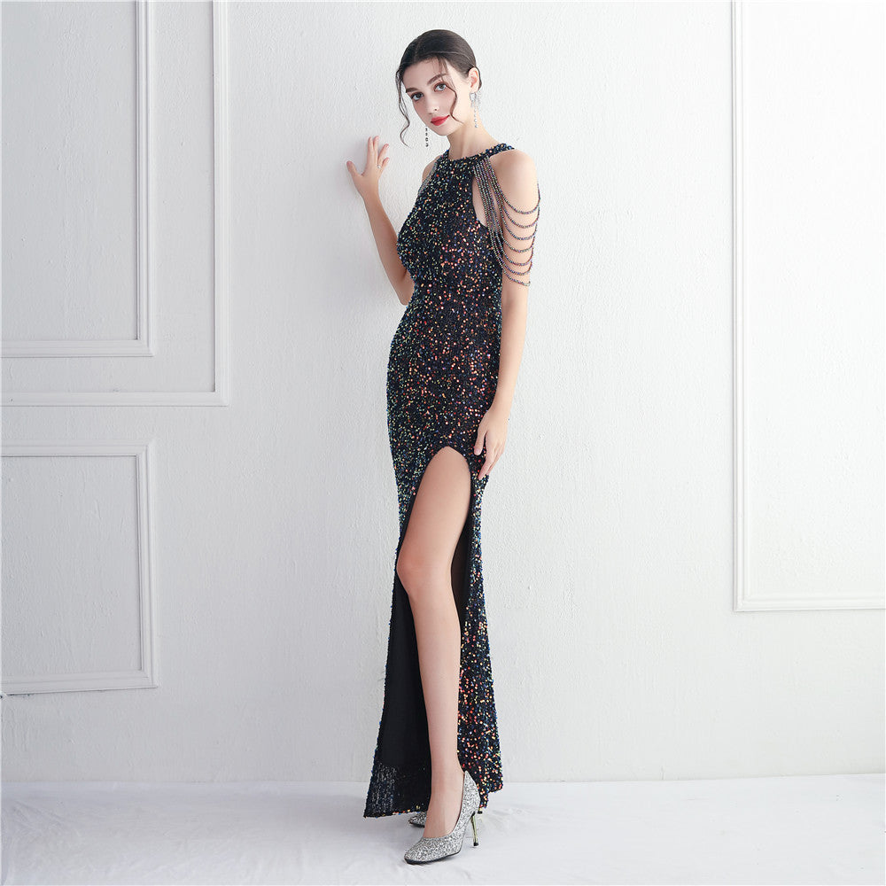 Women's Embellished Micro Glass Bead Beaded Cocktail Evening Dress Elegant Long