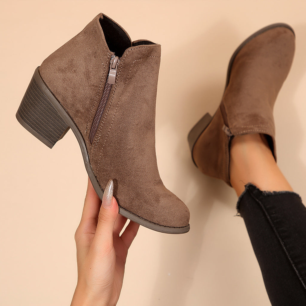 Women's Round-Toe Suede Ankle Boots With Chunky Heels