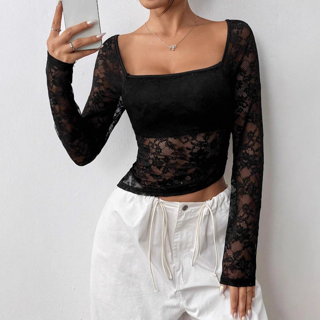 Women’s Black Lace Asymmetric Ruched Long Sleeve Top