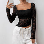 Women’s Black Lace Asymmetric Ruched Long Sleeve Top