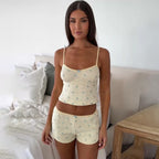 Women's Jacquard Home Wear Pastoral Small Floral Strap Top Shorts Casual Two Piece Set