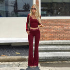 Women's Burgundy Lace Halter Long Sleeve Short Top High Waist Bootcut Pants Set