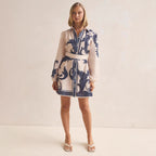 Women's Collared Printed Belted Button Long-Sleeve Dress