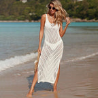 White knitted crochet beach cover-up dress with chevron pattern and side slit