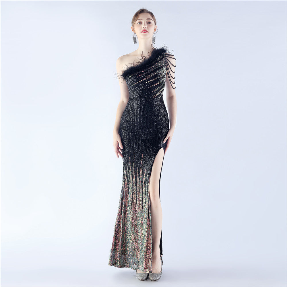 Women's Gradient Sequin Beaded Ostrich Feather Diagonal-Collar One-Shoulder Dress