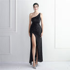 Women's Sequin One-Shoulder Cold Cocktail Split Long Sequin Atmosphere Queen Dress