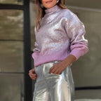 Autumn Turtleneck Gradient Silver Plaid Sweater Pullover Casual