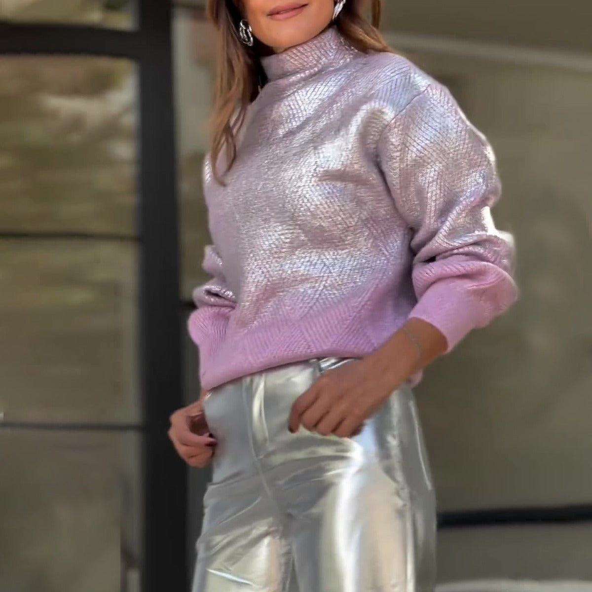 Autumn Turtleneck Gradient Silver Plaid Sweater Pullover Casual