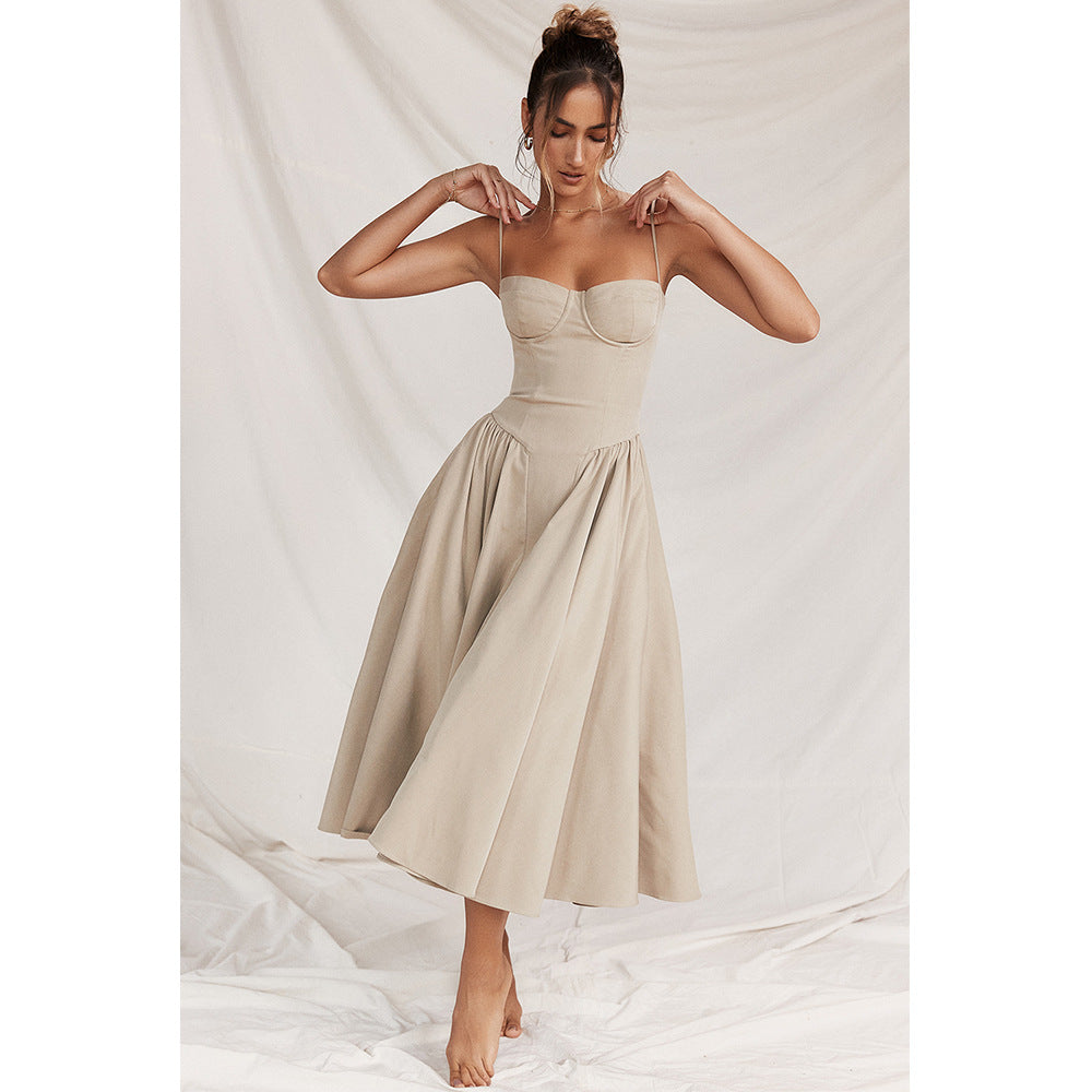 Dress Women's V-Neck Strap Midi Dress Waist Tight Slim Backless Dress for Women