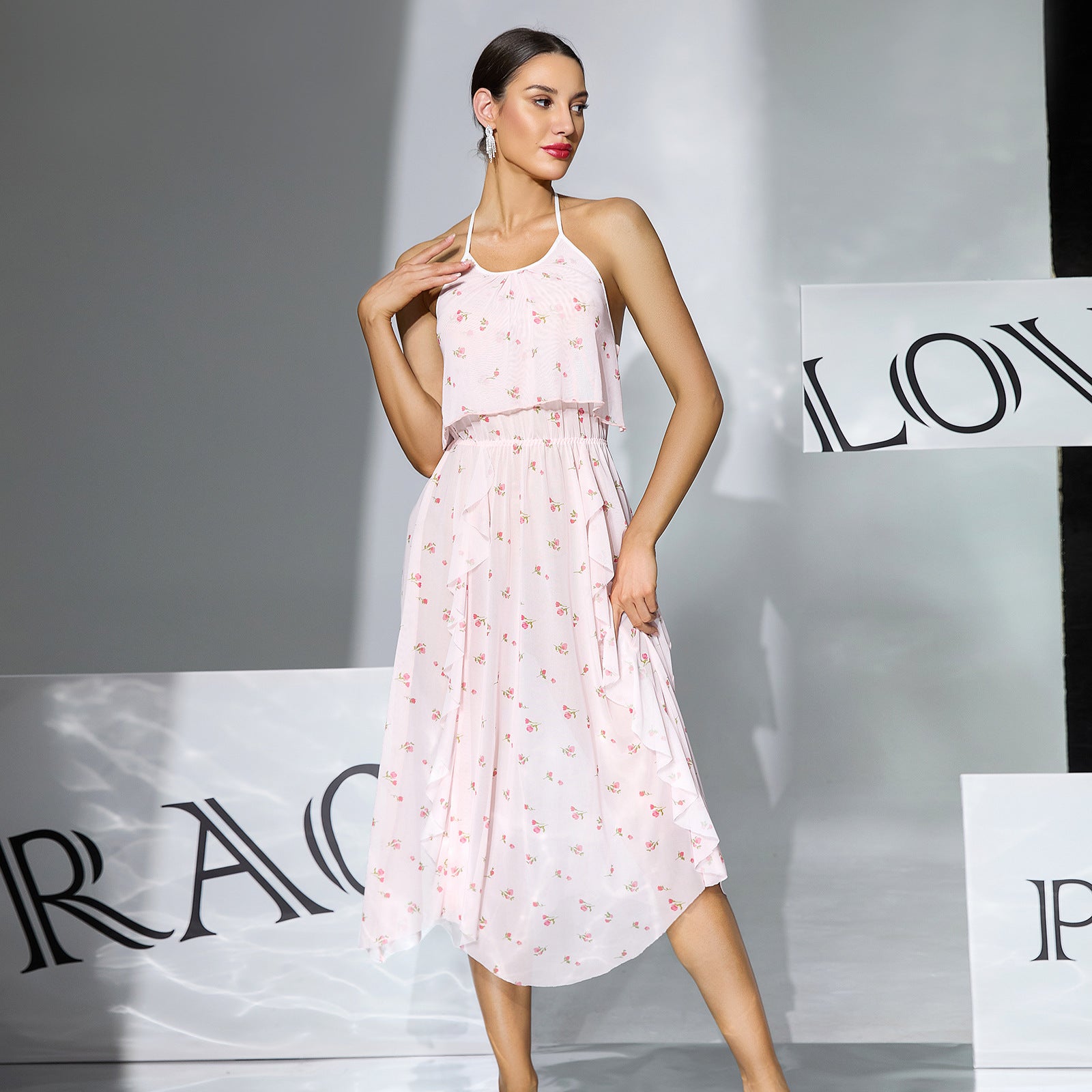Women's Floral Halter Backless Maxi Dress