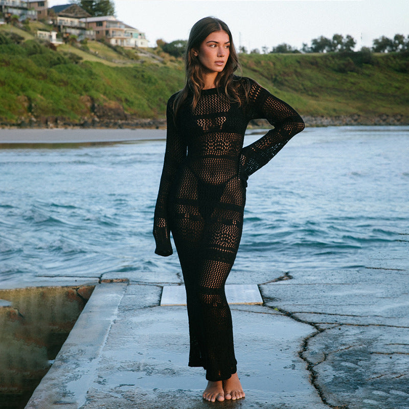 Sexy Hollow Out CO Knitted Dress Beach Cover Up Solid Color