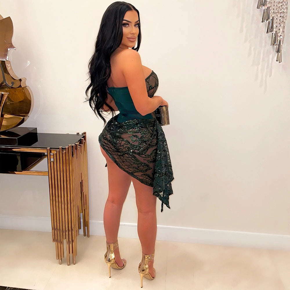 V-Neck Strapless See Through Sequin Dress Fashionable Irregular Asymmetric