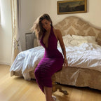 Purple Halter Ruched Midi Dress