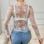 Women's Summer Long Sleeve Floral Embroidery Sheer Top Sexy Underwear