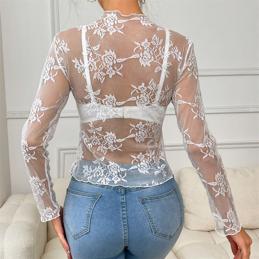 Women's Summer Long Sleeve Floral Embroidery Sheer Top Sexy Underwear