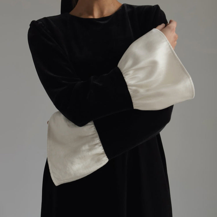 Korean Velvet Stitching round Neck Flared Sleeves