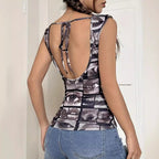 Women's Summer Elegant Special Printed Hollow Out Cutout Backless Sleeveless T Shirt Slim Fit Slimming Top Women
