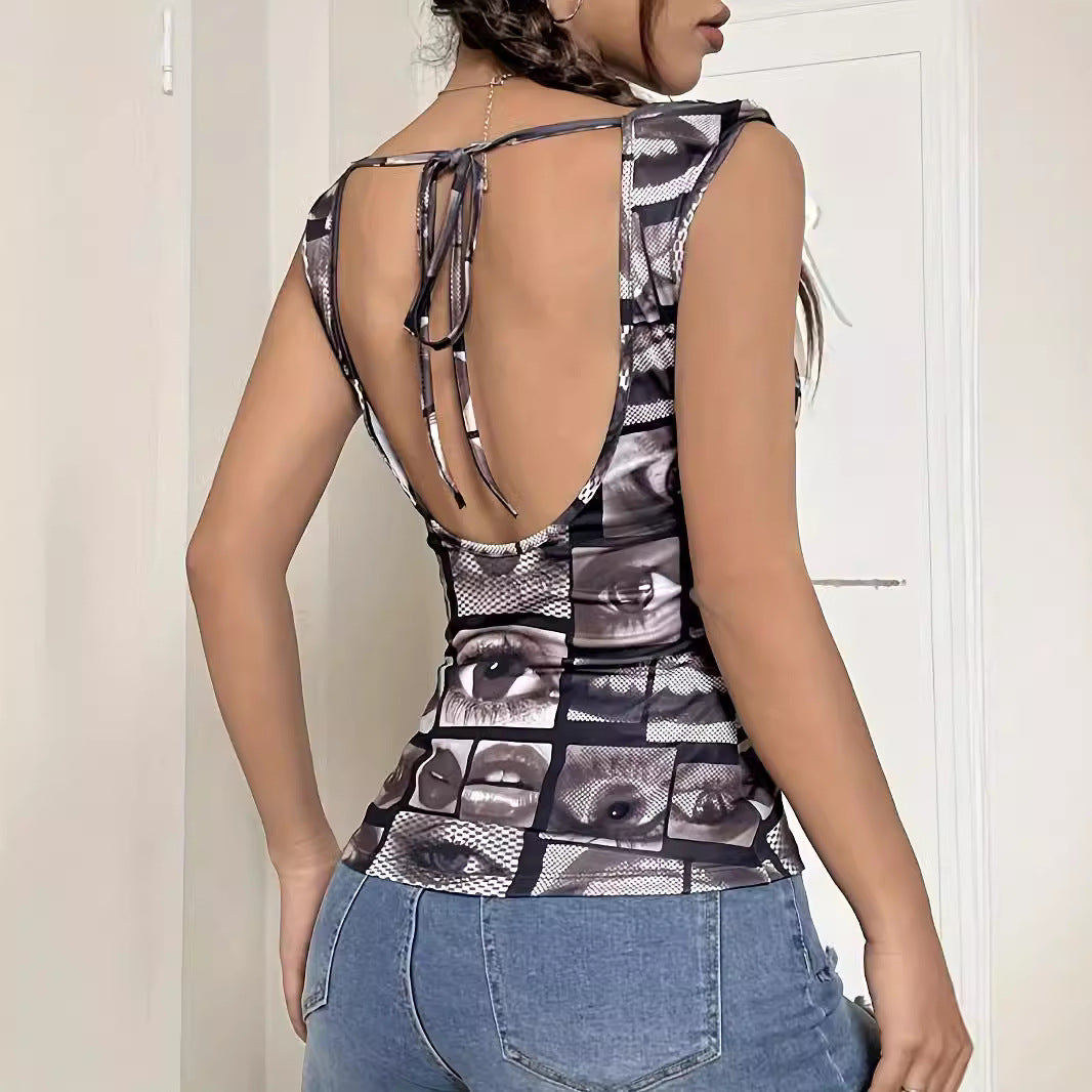 Women's Summer Elegant Special Printed Hollow Out Cutout Backless Sleeveless T Shirt Slim Fit Slimming Top Women