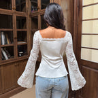 Lace Stitching Bow Lace up Split Flare Sleeve Top Simple