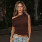Spring Summer Solid Color One-Shoulder Pleated Slim-Fit T-Shirt Top