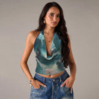 Women's Summer Women Clothing Swing Collar Tie Dye Printed Vest Slim Fit Crop Top