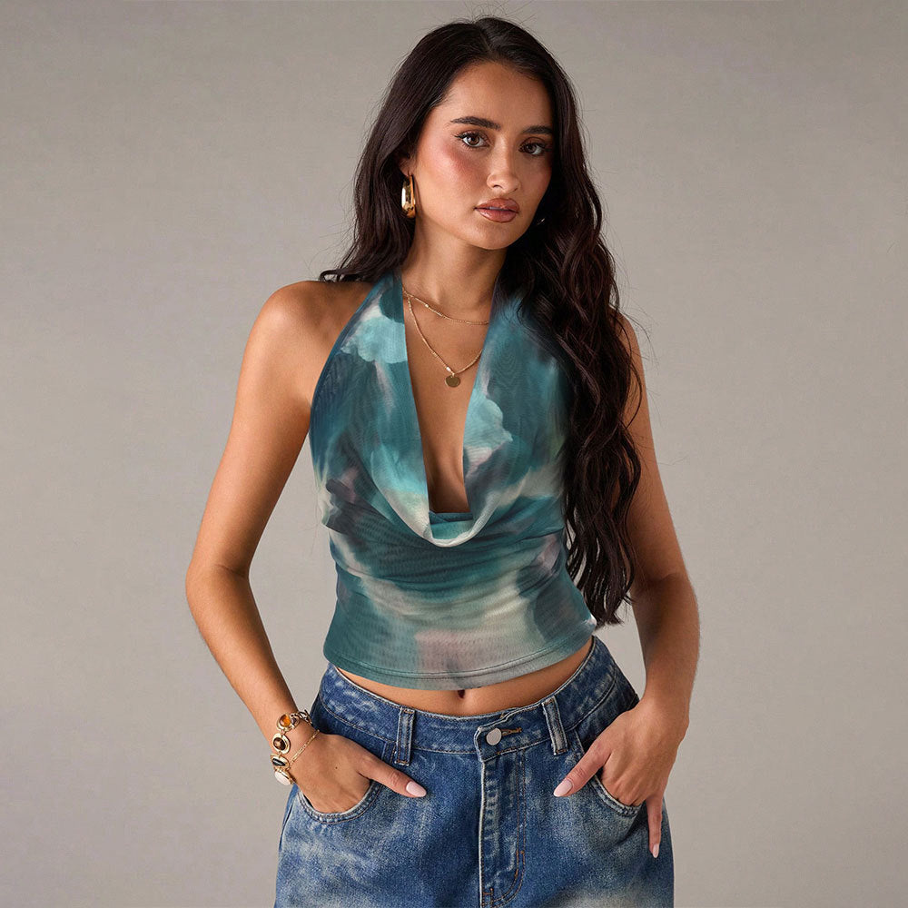 Women's Summer Women Clothing Swing Collar Tie Dye Printed Vest Slim Fit Crop Top