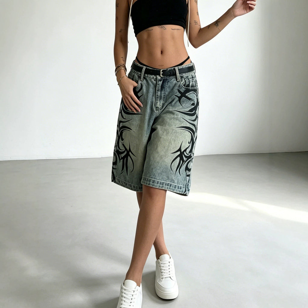 Gothic Vintage Print Hip Hop Street Loose Fifth Jeans