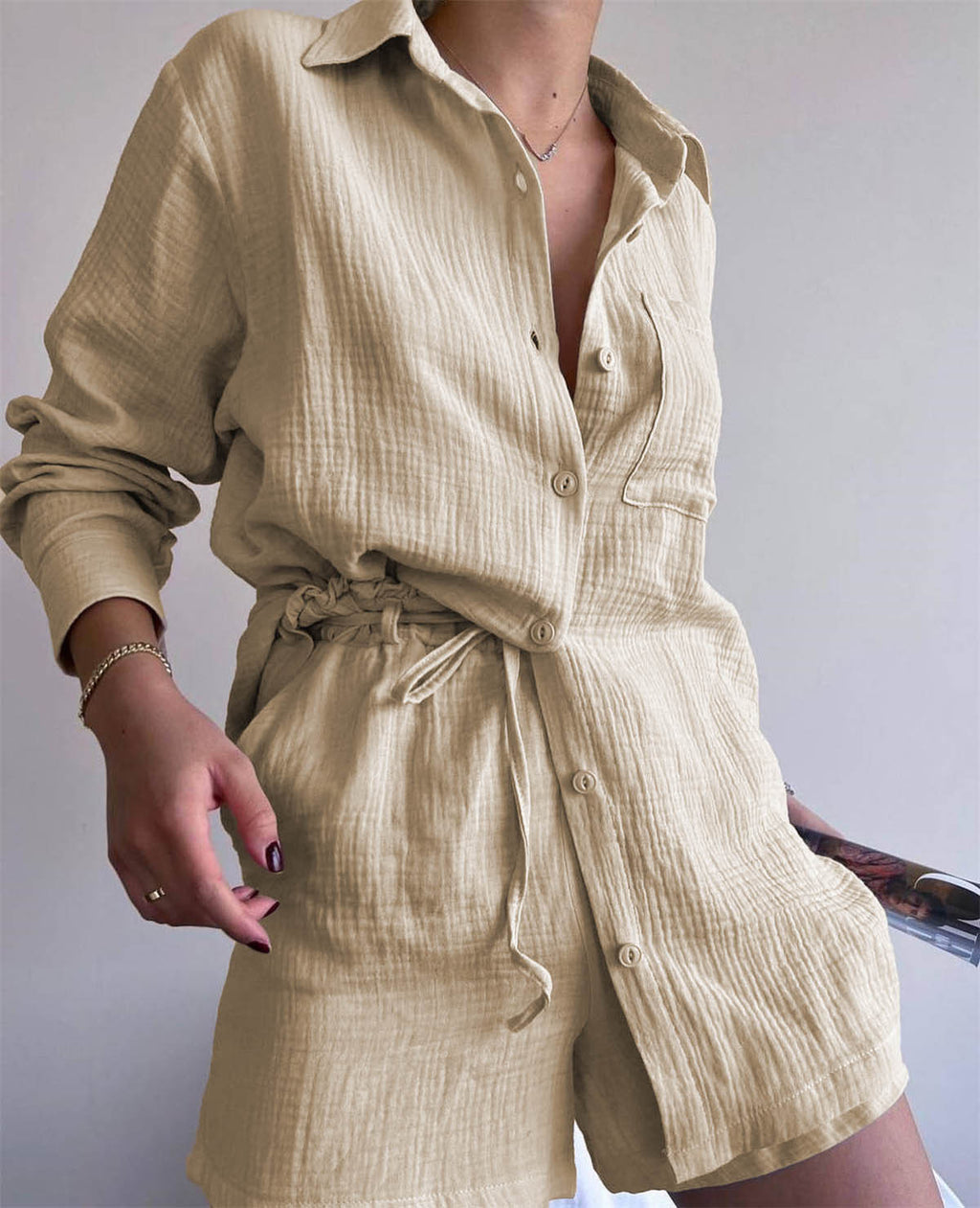 Women's Clothing Suit Pure Cotton Summer Collared Long-Sleeve Shirt High-Waisted Pocket Shorts Two-Piece Set