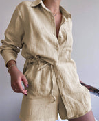 Women's Clothing Suit Pure Cotton Summer Collared Long-Sleeve Shirt High-Waisted Pocket Shorts Two-Piece Set