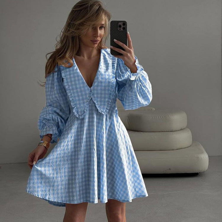 A line Dress Pink Plaid Butterfly Collar