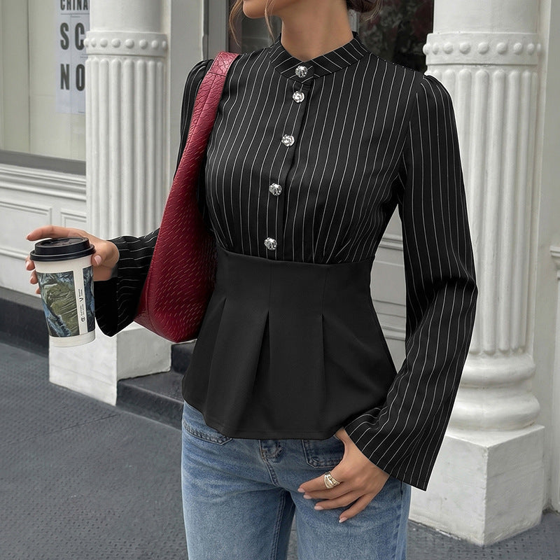 High Grade Women Shirt Early Autumn Striped Cinched