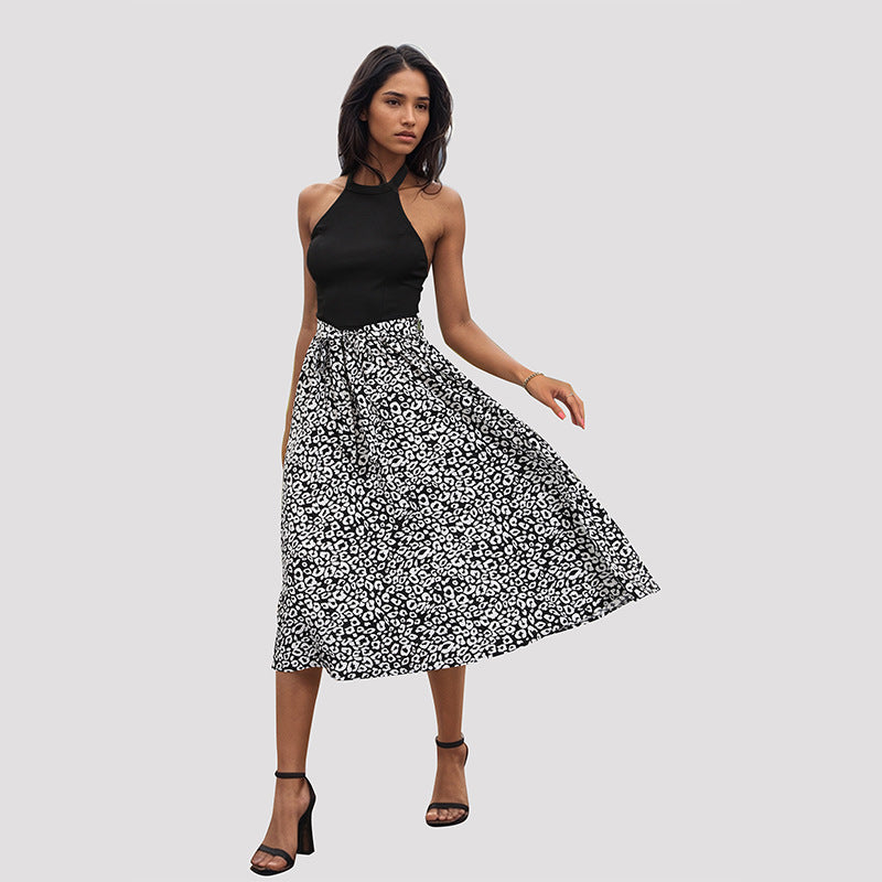 Leopard-Print Patchwork Halter Dress