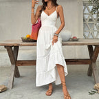 White lace sling maxi dress with V-neck, tiered skirt, and side slit