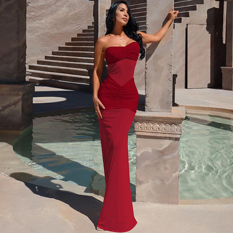 Mesh Stitching Dress Summer Off-Neck Strapless