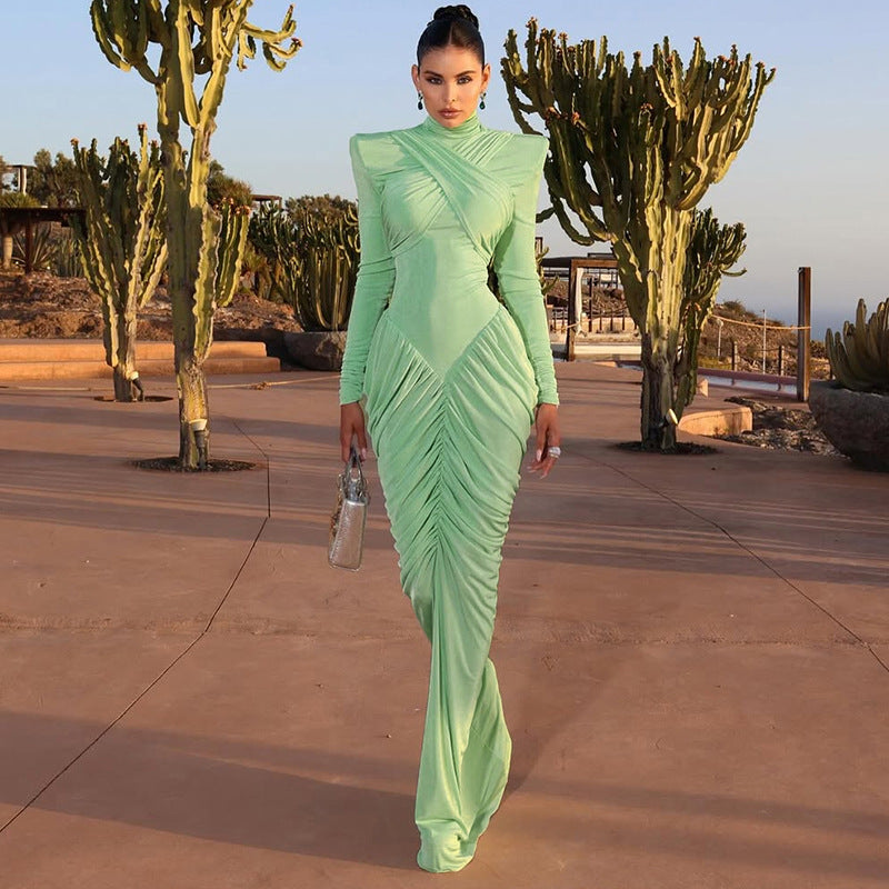 Solid Color Turtleneck Backless Stitching Pleated Dress