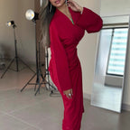 Women Clothing Fall Sexy Pleated Long Sleeve V neck Dress