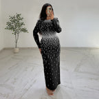 Rhinestone Beaded Long Sleeve Slit Maxi Dress