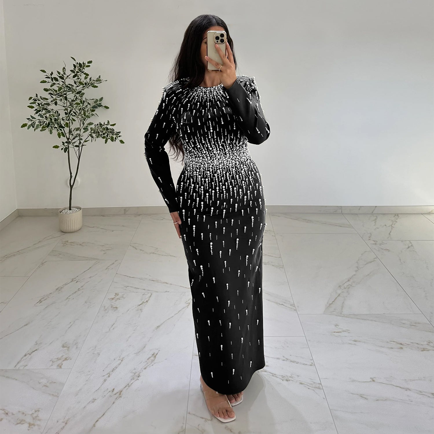 Rhinestone Beaded Long Sleeve Slit Maxi Dress