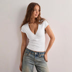 Women's Spring Summer Solid Color Slim V Neck Short Sleeved T Shirt Top Women Clothing
