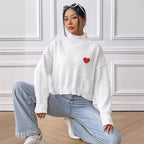 Women Short Top Clothing Turtleneck Pullover Loose Love Stickers Casual Bottoming