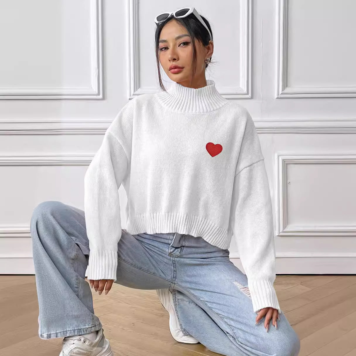 Women Short Top Clothing Turtleneck Pullover Loose Love Stickers Casual Bottoming