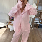 Spring Summer Double Layer Wrinkle Yarn Cotton Skin Friendly Striped Long Sleeve Seamed Lotus Leaf Edge Trousers Set Home Wear