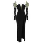 Women's Rhinestone Off-Shoulder Long Sleeve Slit Maxi Dress