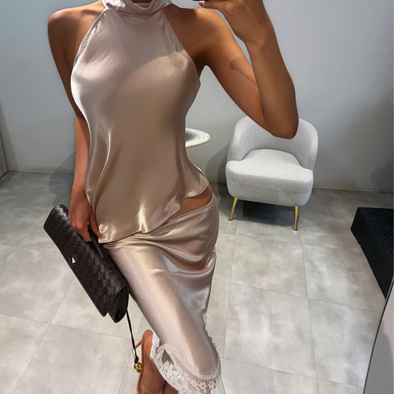 Women's Satin Halter Top & Midi Skirt Set