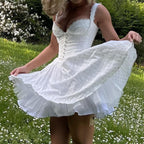 White Lace V-Neck Embroidered Sleeveless A-Line Mini Dress