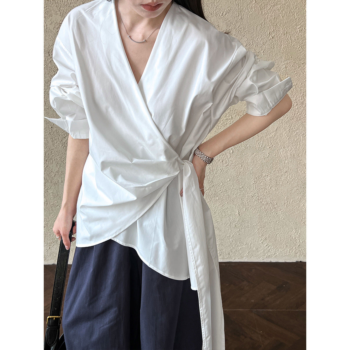 Asymmetric Lace-Up Long Sleeve Shirt