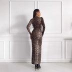 Leopard Print Stand Collar Long Sleeve Maxi Dress