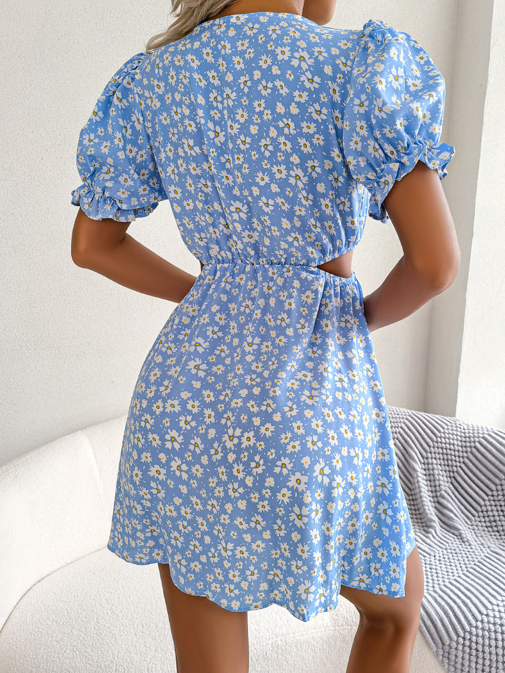 Floral Chiffon Puff Sleeve Cutout Mini Dress