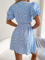 Floral Chiffon Puff Sleeve Cutout Mini Dress