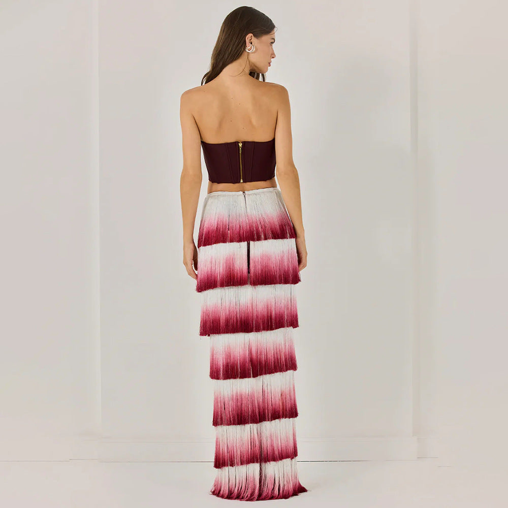 Wine Red Strapless Gradient Tassel Dinner Trip Shoot Stage Wear Two Piece Set